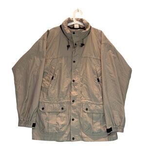 REI Elements Jacket Mens Large Beige Parka Rain Waterproof Hooded Outdoors Snap